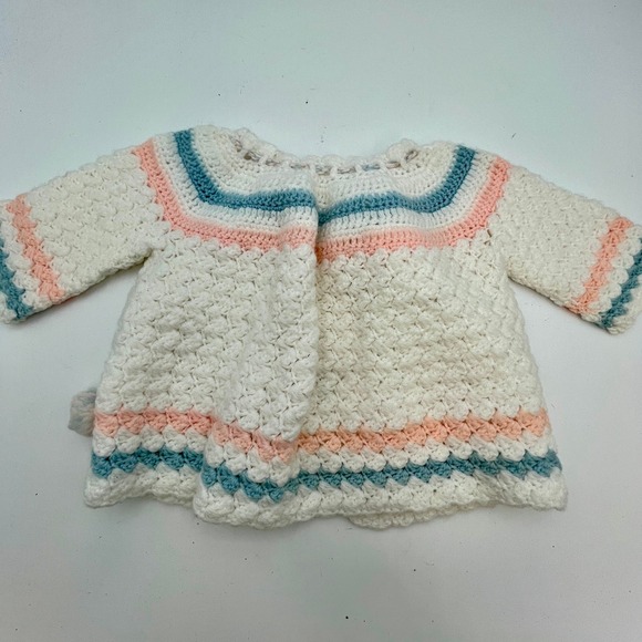 Handmade Crochet Baby Cardigan Sweater Jacket White Pink Blue Infant Knit READ - Picture 6 of 9